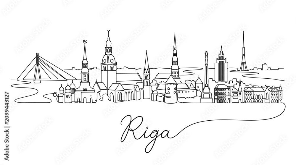Fototapeta premium Line Art Illustration of Riga Skyline Featuring Historic Spires and Modern Architectural Elements
