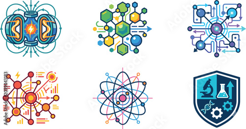Scientific Technology and Innovation Vector Icon Set Featuring Physics Chemistry and Data Network Concepts