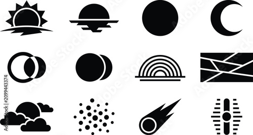 Weather and Astronomy Silhouette Icons Set with Sun Moon Eclipse Rainbow and Meteor Symbols