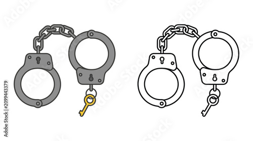 Foto Handcuffs With Key Line Art Illustration On White Background