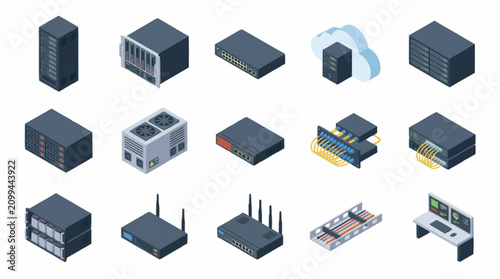 Isometric collection of modern network and server devices.