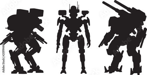 Robot, mecha, cyborg silhouettes, futuristic machines, black icons isolated on Transparent Background