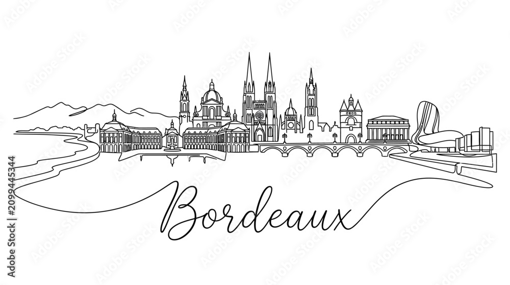 Fototapeta premium Elegant black and white line drawing of Bordeaux iconic skyline featuring historic buildings and modern architecture capturing