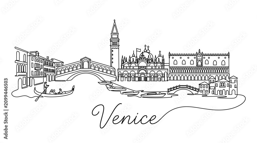 Fototapeta premium Minimalist line art illustration capturing iconic Venetian landmarks including bridges and churches with the city name Venice