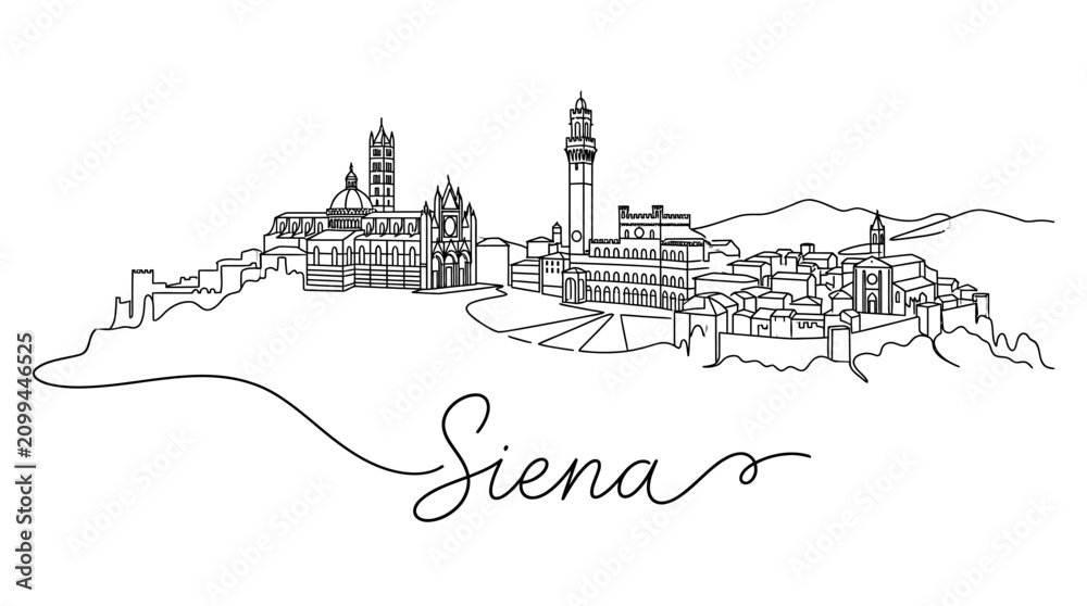 Obraz premium Minimalistic Line Drawing of Siena's Skyline Featuring Iconic Historic Buildings and Cityscape Elements