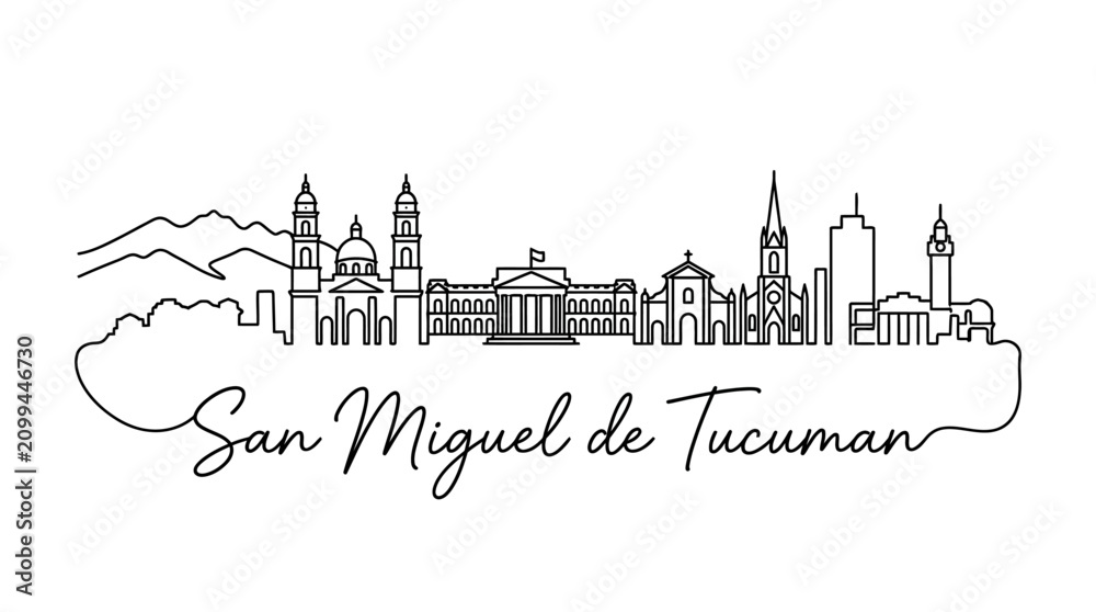 Obraz premium Stylized line art illustration of the San Miguel de Tucum?n skyline with iconic buildings and landmarks in a minimalistic design