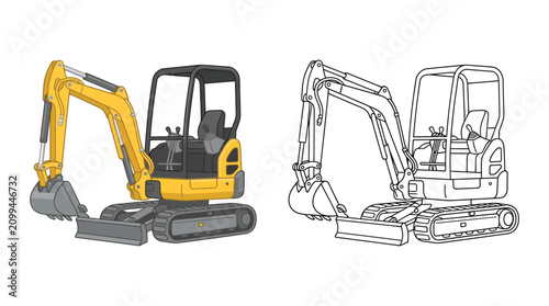 Excavator Machinery Illustration Color And Black and white Line Art