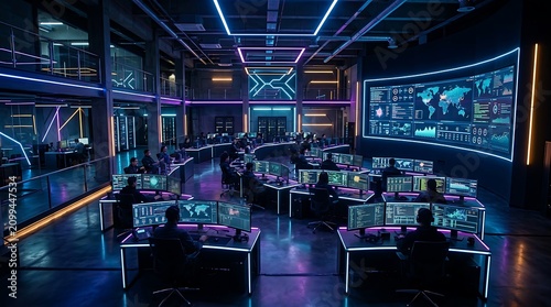 Futuristic control room with glowing neon lights and multiple computer screens.