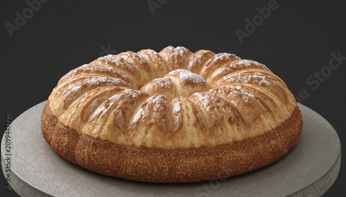 Freshly Baked Round Bread Placed on a Gray Stone Surface Ready for Serving to...