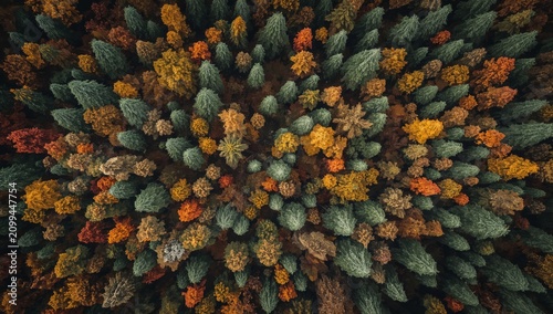 Colorful Trees Fill the Forest Floor During Autumn in a Top-Down View From Above