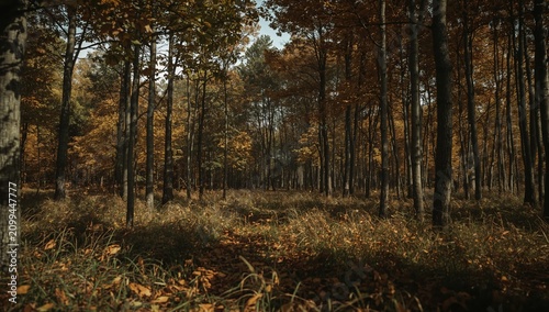 Fall Forest Path With Trees and Fallen Leaves in a Quiet Area
