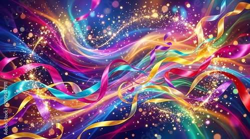 Vibrant abstract ribbons and sparkling lights create a festive and energetic background.