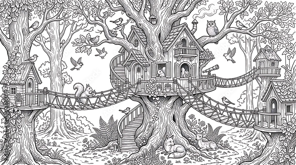 Fototapeta premium Whimsical forest treehouse village with bridges and animals.