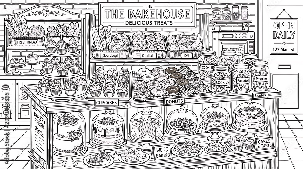 Fototapeta premium Detailed black and white illustration of a charming bakery interior filled with delicious baked goods and treats.