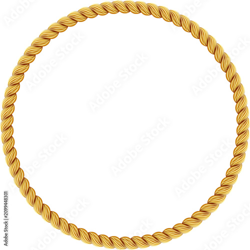 Gold twisted rope circle frame. Round rope border. Braided silk cord ring. Luxury jewelry. Vector illustration EPS 10.