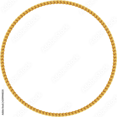 Gold twisted rope circle frame. Round rope border. Braided silk cord ring. Luxury jewelry. Vector illustration EPS 10.