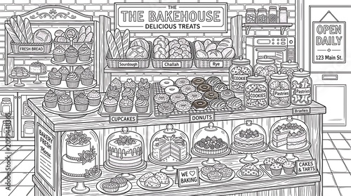 Detailed black and white illustration of a charming bakery interior filled with delicious baked goods and treats.