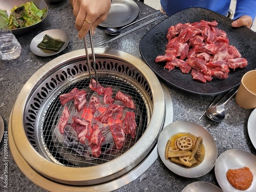 Grilling Fresh Beef Rib Fingers on Charcoal Grill with Korean Side Dishes