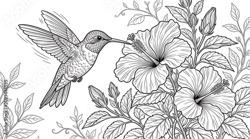 Hummingbird feeding on hibiscus flowers in a detailed line drawing.