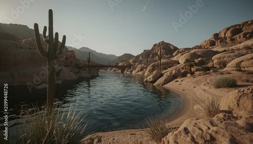 Desert Scene With a River, Sandy Shore, and Rocky Mountains at Sunset