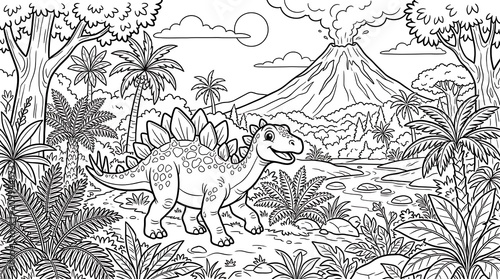 Stegosaurus Dinosaur in Prehistoric Jungle with Volcano.