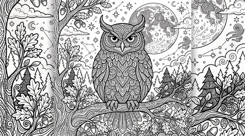 Intricate owl perched on a branch under a full moon in a forest scene.