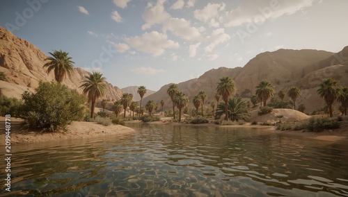 Desert Scene With a River, Sandy Shore, and Rocky Mountains at Sunset