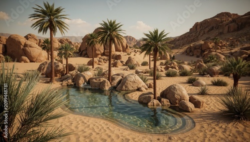 Desert Oasis With Palm Trees and Clear Water During Sunny Day