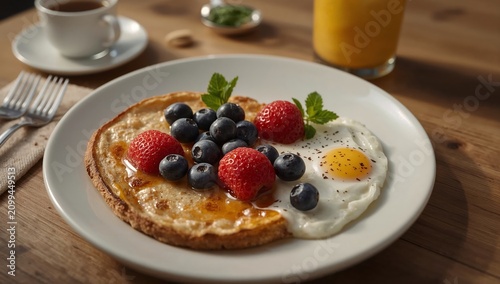 Breakfast Served on a Plate With Fruit, Eggs, and a Drink on the Table at a C...