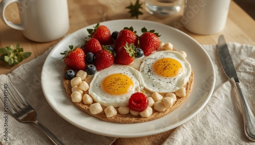 Breakfast Plate With Eggs, Strawberries, and Blueberries on Wooden Table in M...