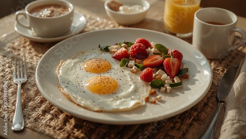 Breakfast Plate With Eggs, Strawberries, and Blueberries on Wooden Table in M...
