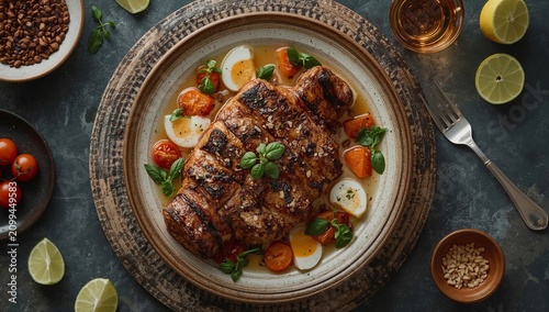 Cooked Meat Served With Vegetables on a Round Plate With Sauces on a Table in...