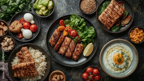 Delicious Meal Spread on a Table With Grilled Items, Vegetables, Rice, and Eg...