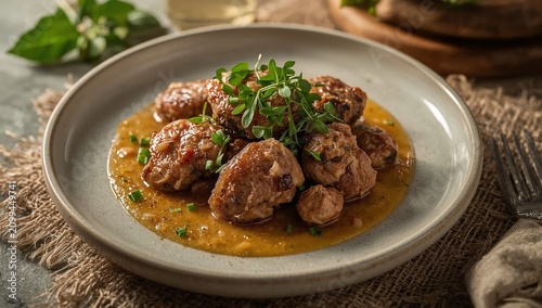Enjoying Meatballs in Sauce Served on a Plate With Herbs at a Cozy Dining Setup