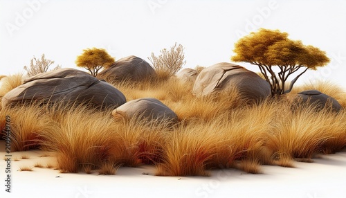 isolate savanna dry grass meadow shrubs with rocks on white backgrounds 3d render