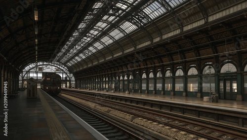 Train Arrives at a Busy Station With Tall Ceilings and Large Windows During t...