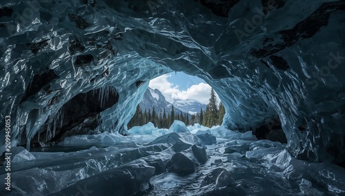 Exploring an Ice Cave With Blue Ice Formations and Reflective Water Surface