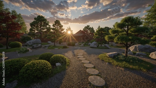 Explore a Beautiful Garden Scene Filled With Plants, Rocks, and Pathways in a...