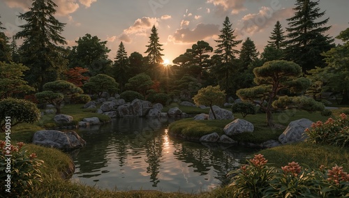 Sunset at a Serene Garden With Water, Rocks, Trees, and Plants in a Peaceful ...