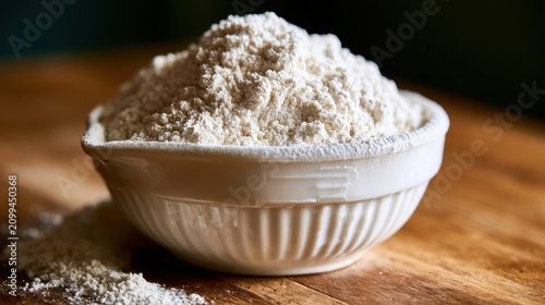 Powdery all-purpose flour in a cup measure with baking setup and soft lighting