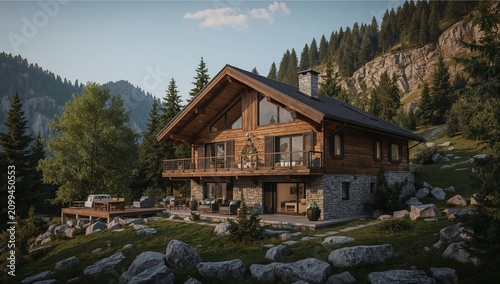 Modern Cabin in the Woods at Night With Lights on and Trees Surrounding the B...