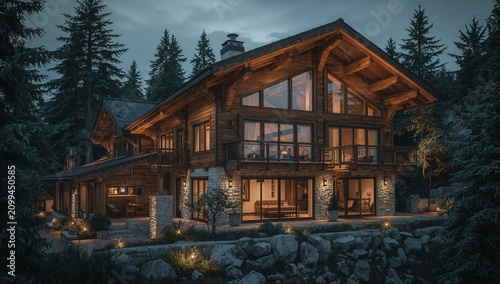 Cabin in the Woods at Night Surrounded by Tall Trees and Rocks