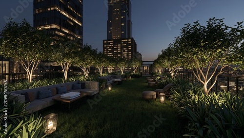 Rooftop Garden Scene With Seating and City Lights During Evening Hours