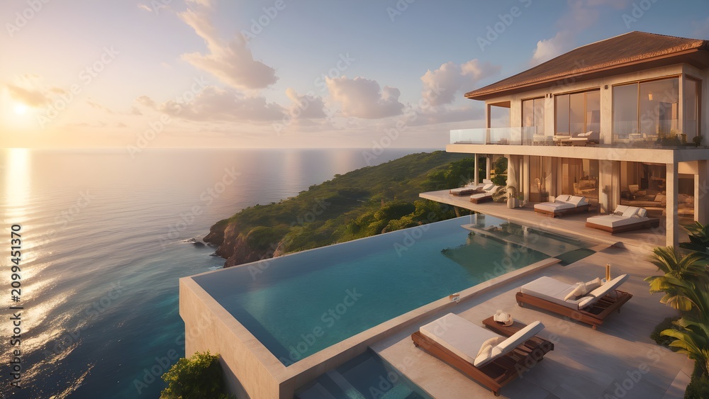 Fototapeta premium Luxurious Modern Villa with Infinity Pool Overlooking a Scenic Ocean Sunset, Golden Hour, Coastal Cliffside Retreat