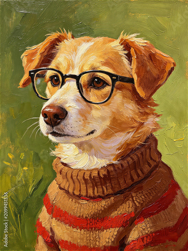 Whimsical Animal Art: Dog Wearing a Sweater and Glasses

