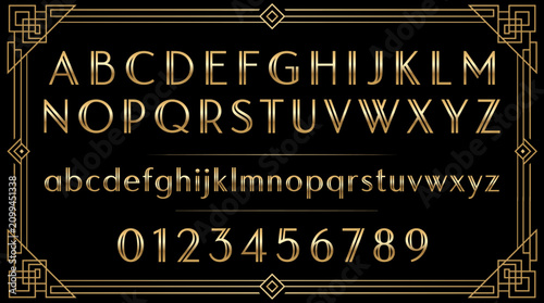 Schilderij op canvas Luxury gold Art Deco Gatsby font vector set featuring uppercase and lowercase letters, numbers, and an ornate geometric border frame for vintage elegant 1920s logo design