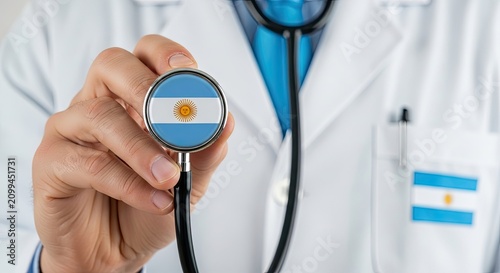 Doctor with Argentinian Flag Stethoscope: A close-up of a doctor in a white coat holding a stethoscope, the diaphragm adorned with the flag of Argentina.