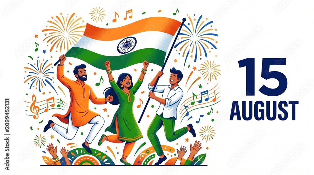Naklejka premium Festive illustration of three people celebrating India’s Independence Day, waving the national flag with fireworks, confetti, and musical notes in the background. Bold text “15 AUGUST” displayed promi