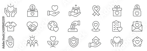 Charity and donation editable Stroke line icon set  support, fundraising, community help and social care. nonprofit organization, social care, humanitarian  Vector illustration in modern thin line sty