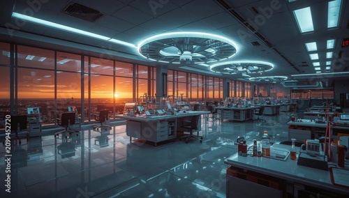 Modern Lab With City View During Sunset in a Futuristic Setting